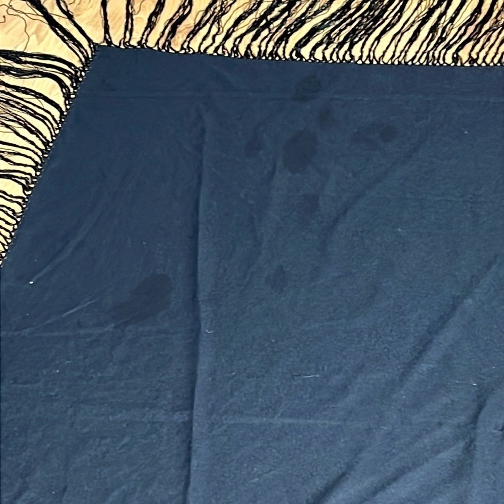 Large 62” Square Vintage Black Poly Embroidered 10” Tassels Piano Shawl Wrap - Picture 4 of 8